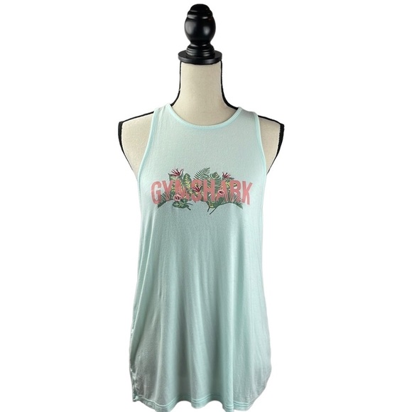 Gymshark Tank Top SZ S Light Blue Embroidered Flowers on Front Stretchy Soft - Picture 1 of 10